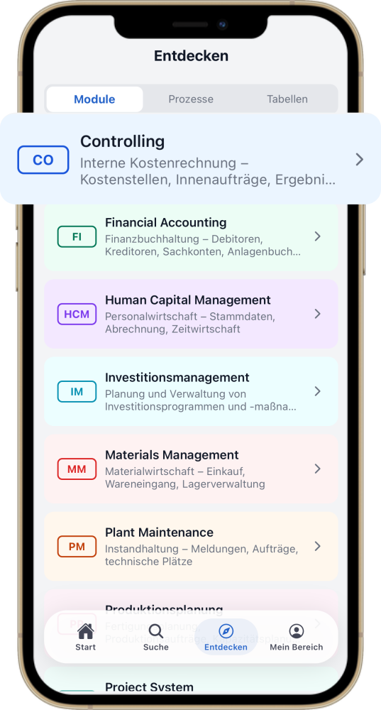 SAP Module in der ERP Coach App – FI, CO, MM, SD mit SAP Transaktionen, Prozessen und Stammdaten