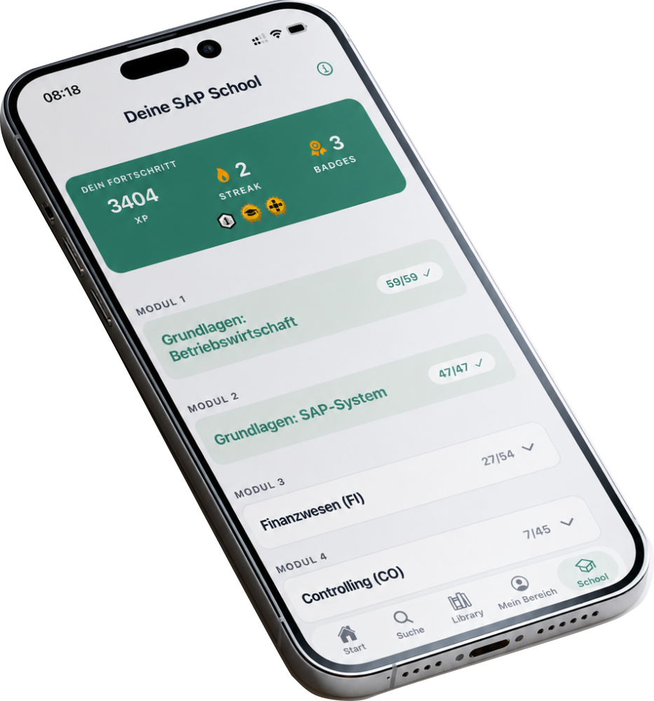 SAP School Lehrplan in der ERP Coach App mit den Modulen BWL-Grundlagen, SAP-System, Finanzwesen und Controlling