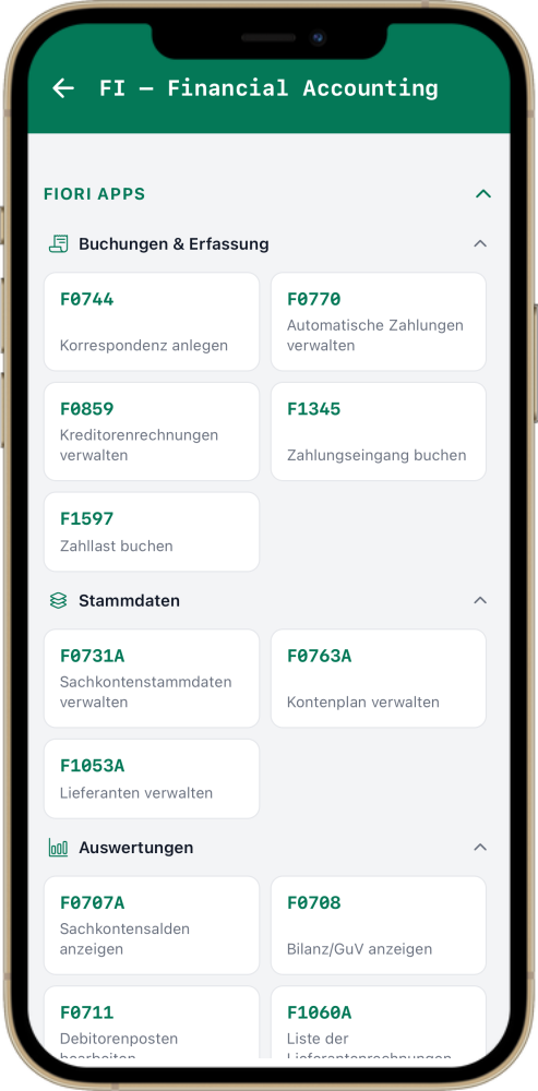SAP Fiori Apps Katalog in der ERP Coach App – strukturiert nach Modulen und durchsuchbar