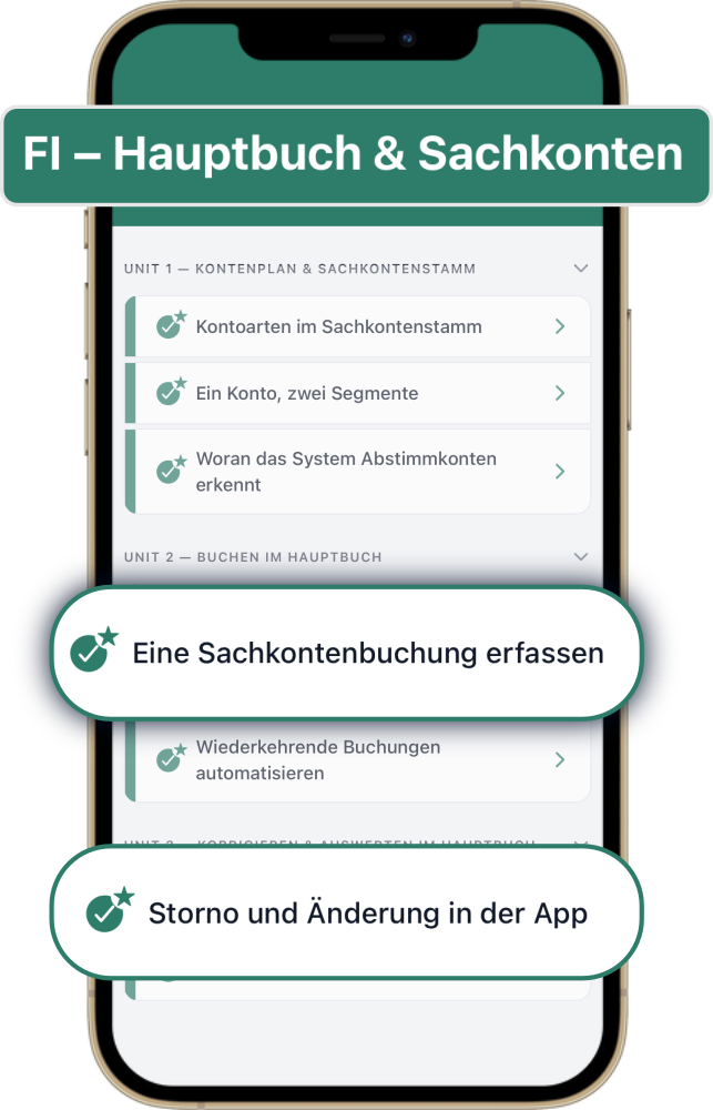 SAP FI Lernpfad in der ERP Coach App mit Units und Lektionen zu Hauptbuch und Sachkonten