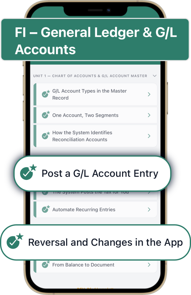SAP FI learning path in the ERP Coach app with units and lessons on the general ledger and G/L accounts