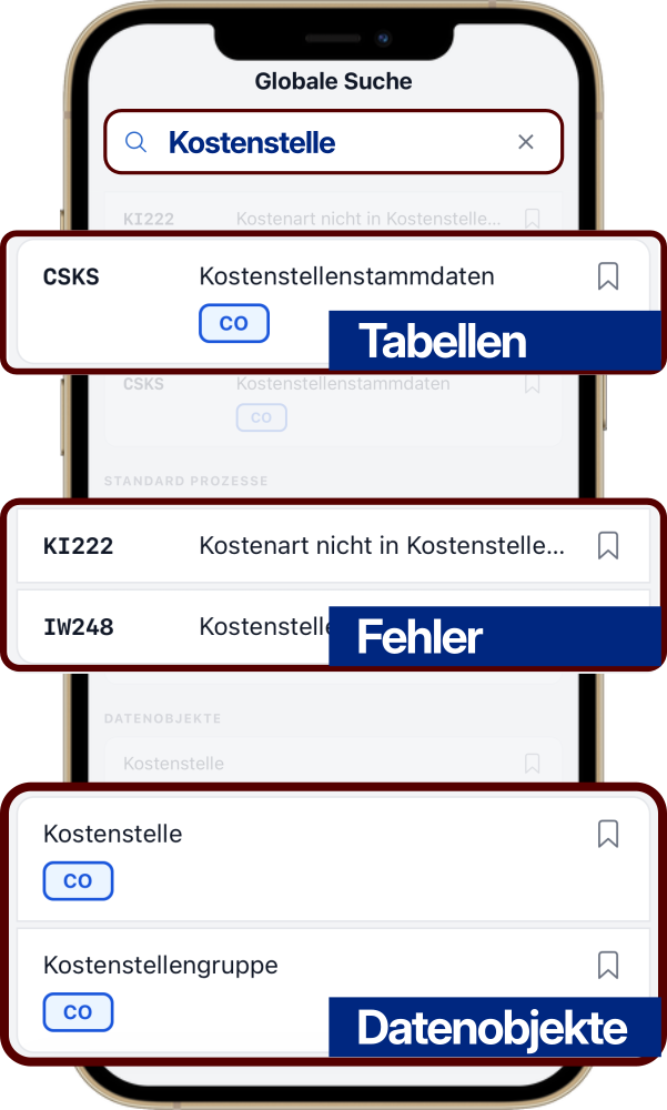 SAP Suche über T-Codes, Fiori Apps, Prozesse, SAP Tabellen und Fehlermeldungen