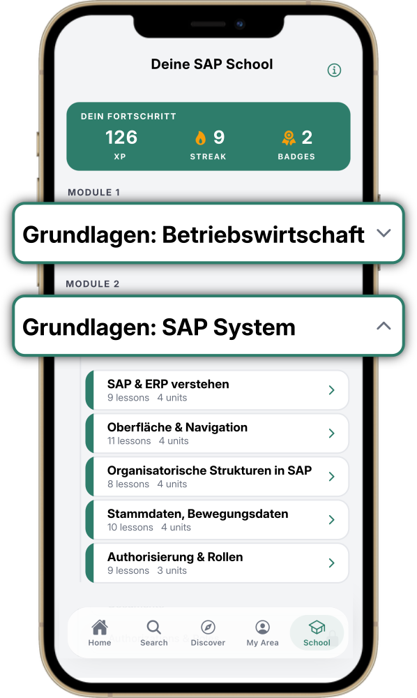 SAP School Übersicht in der ERP Coach App – SAP lernen mit 106 Lektionen, XP und Streak