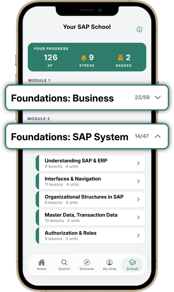 SAP School overview in the ERP Coach app – learn SAP with 106 lessons, XP and streaks