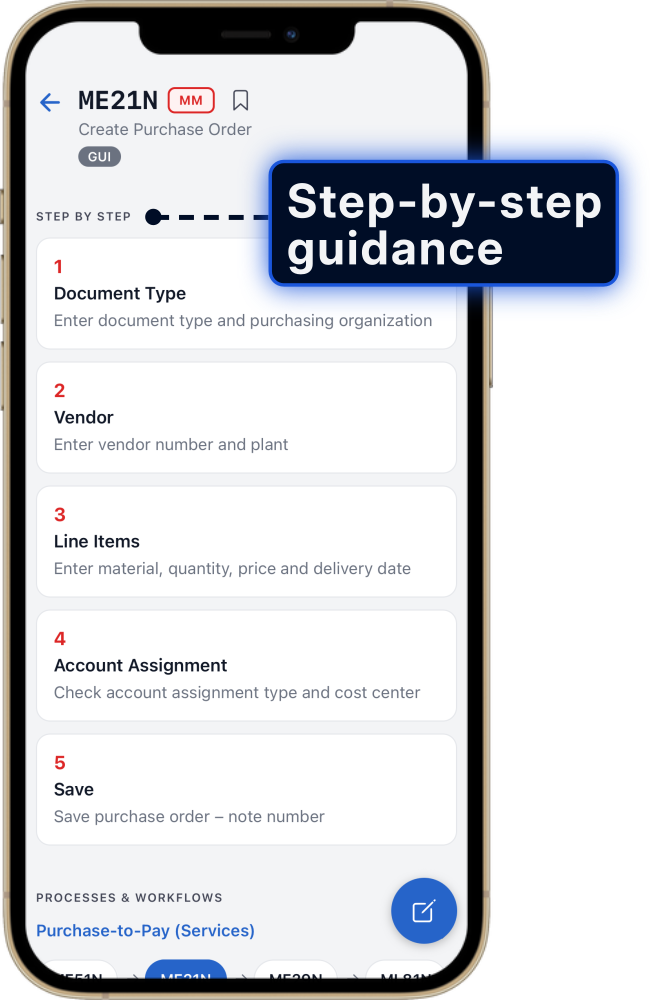 Step-by-step guide for SAP transaction ME21N to create a purchase order in the ERP Coach app