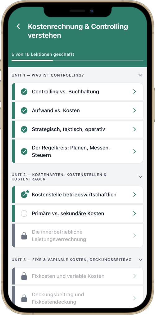 SAP-Kurs Lernpfad mit Units und Lektionen zu Kostenrechnung und Controlling