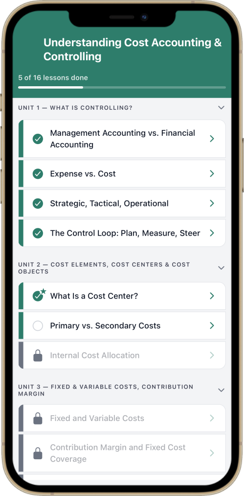 SAP course learning path with units and lessons on cost accounting and controlling
