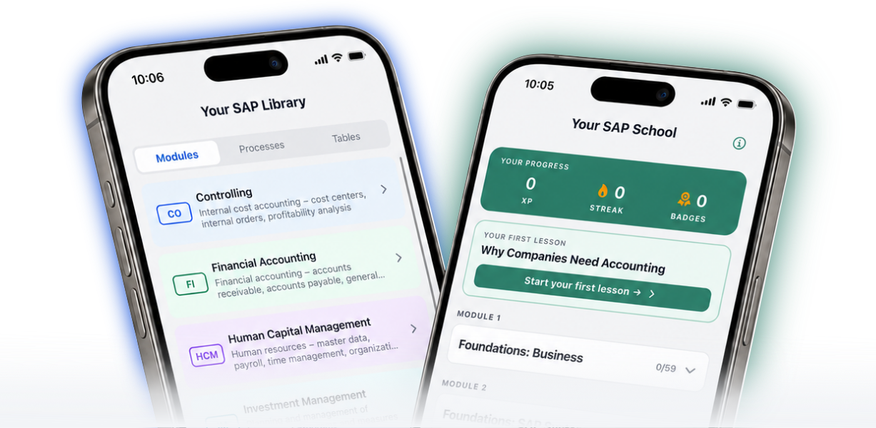 SAP Library and SAP School side by side in the ERP Coach app
