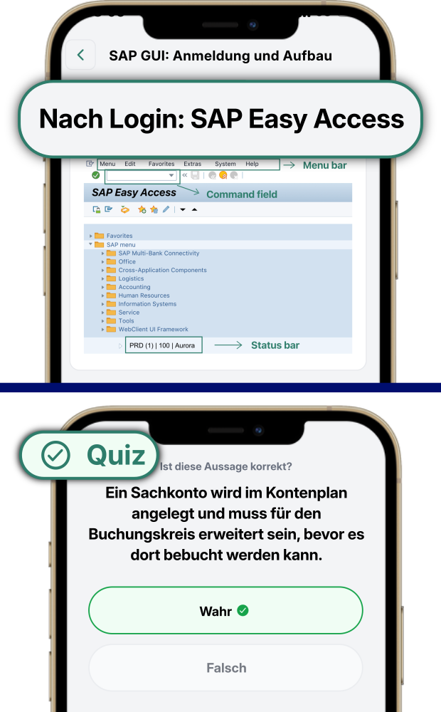 SAP-Lektion mit Theorie zu SAP GUI und Quiz-Frage in der ERP Coach App